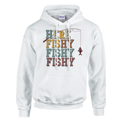 White heavy blend hoodie with "Here Fishy Fishy Fishy" text and fishing graphic on front, cotton-polyester blend.