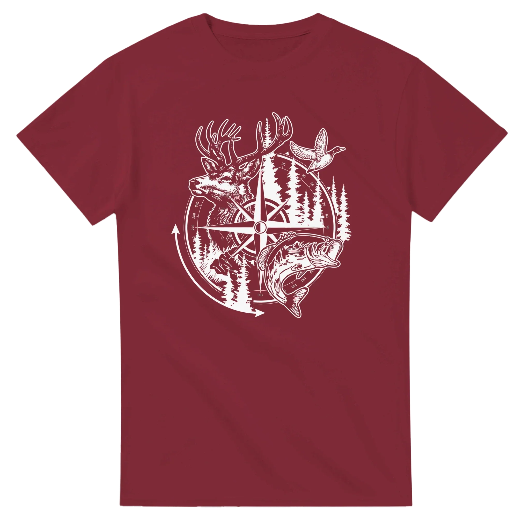 Big Buck Adventure T-Shirt with deer, fish, duck, and compass outdoor design on maroon cotton shirt
