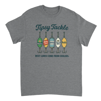 Tipsy Tackle T-Shirt gray fishing tee with humorous "best lures come from coolers" slogan and lure design
