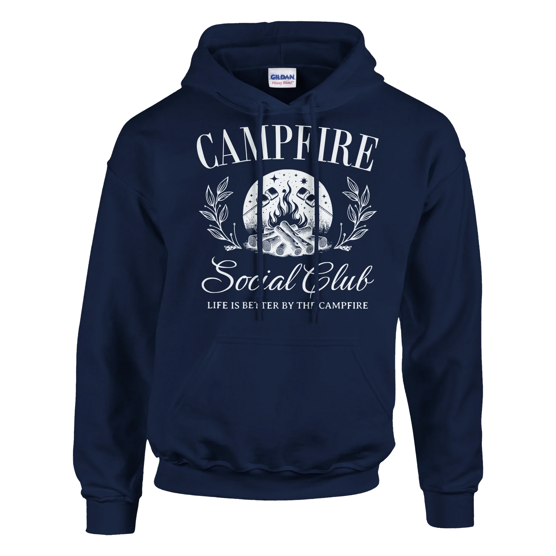 Navy blue Campfire Social Club cozy hoodie with campfire graphic and text, cotton-polyester blend, front pouch pocket, and adjustable drawstring hood