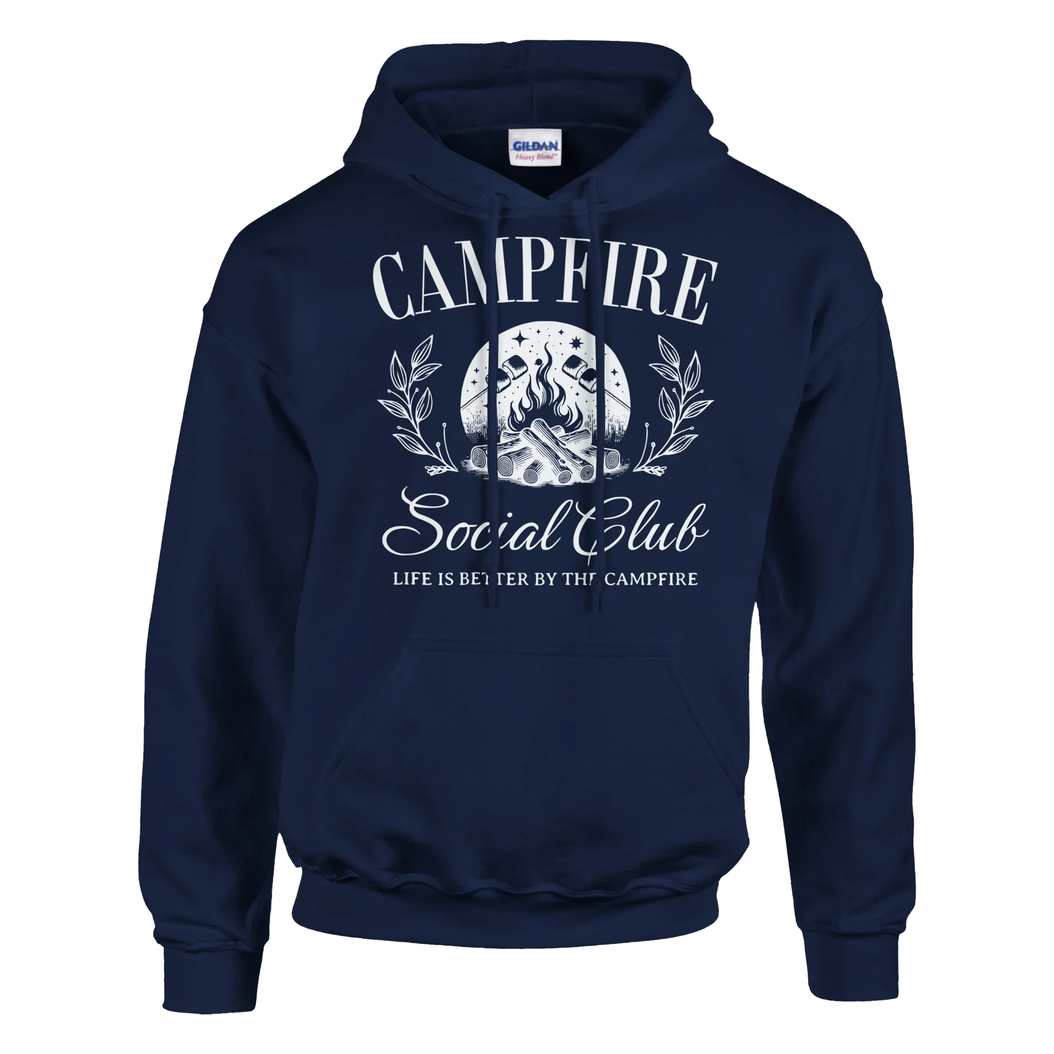 Navy blue Campfire Social Club cozy hoodie with campfire graphic and text, soft cotton-polyester blend, front pouch pocket, double-lined hood, rib knit cuffs and waistband.