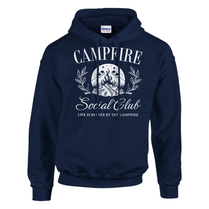 Navy blue Campfire Social Club cozy hoodie with campfire graphic and text, cotton-polyester blend, front pouch pocket, and adjustable drawstring hood