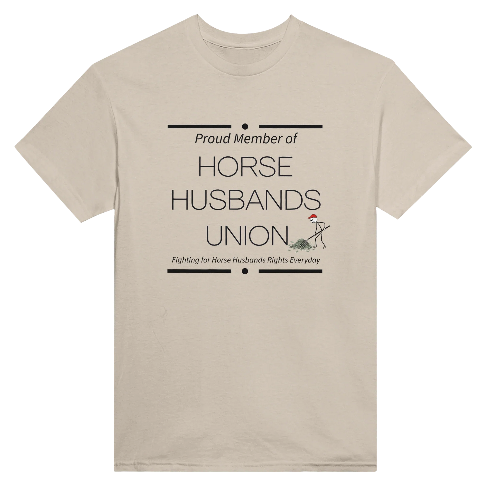 Horse Husbands Union t-shirt with humorous shoveling money design on beige cotton fabric