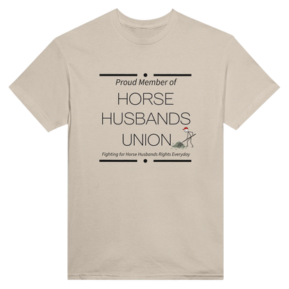 Horse Husbands Union t-shirt with humorous shoveling money design on beige cotton fabric