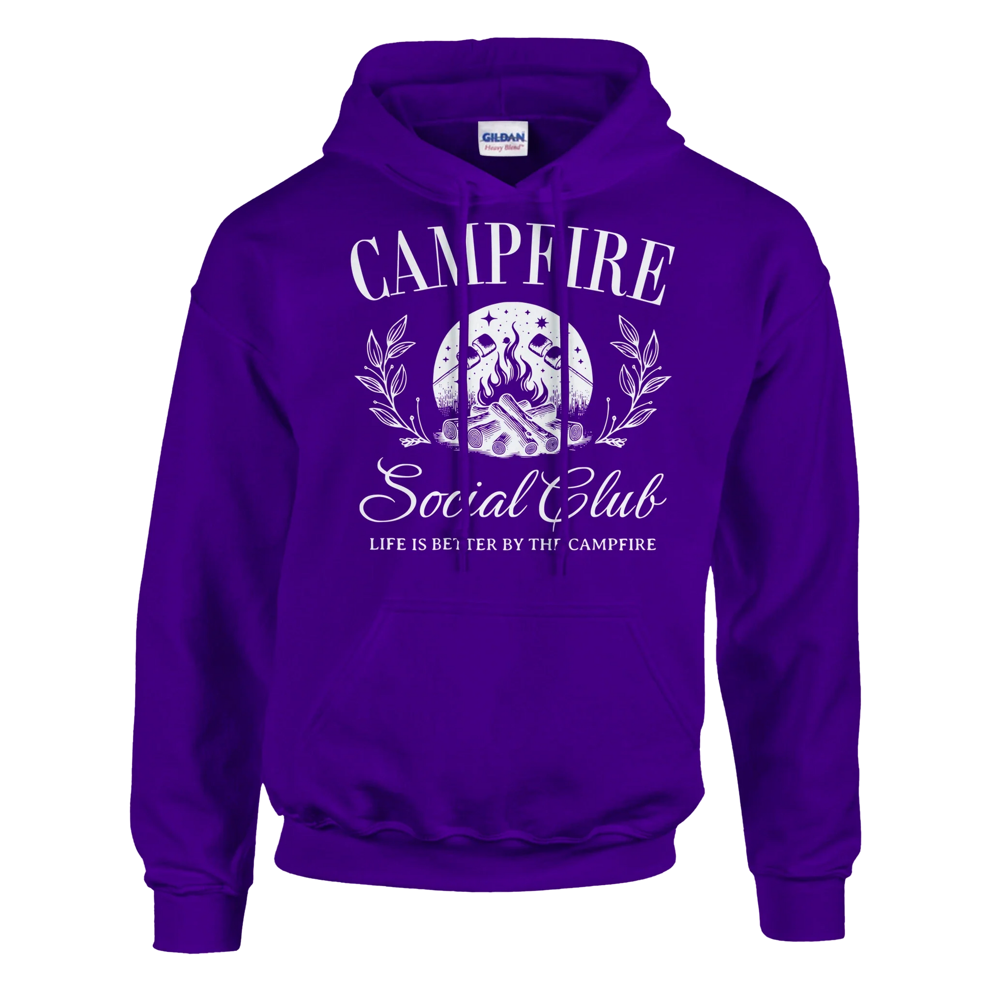 Purple Campfire Social Club cozy hoodie with campfire graphic and front pouch pocket