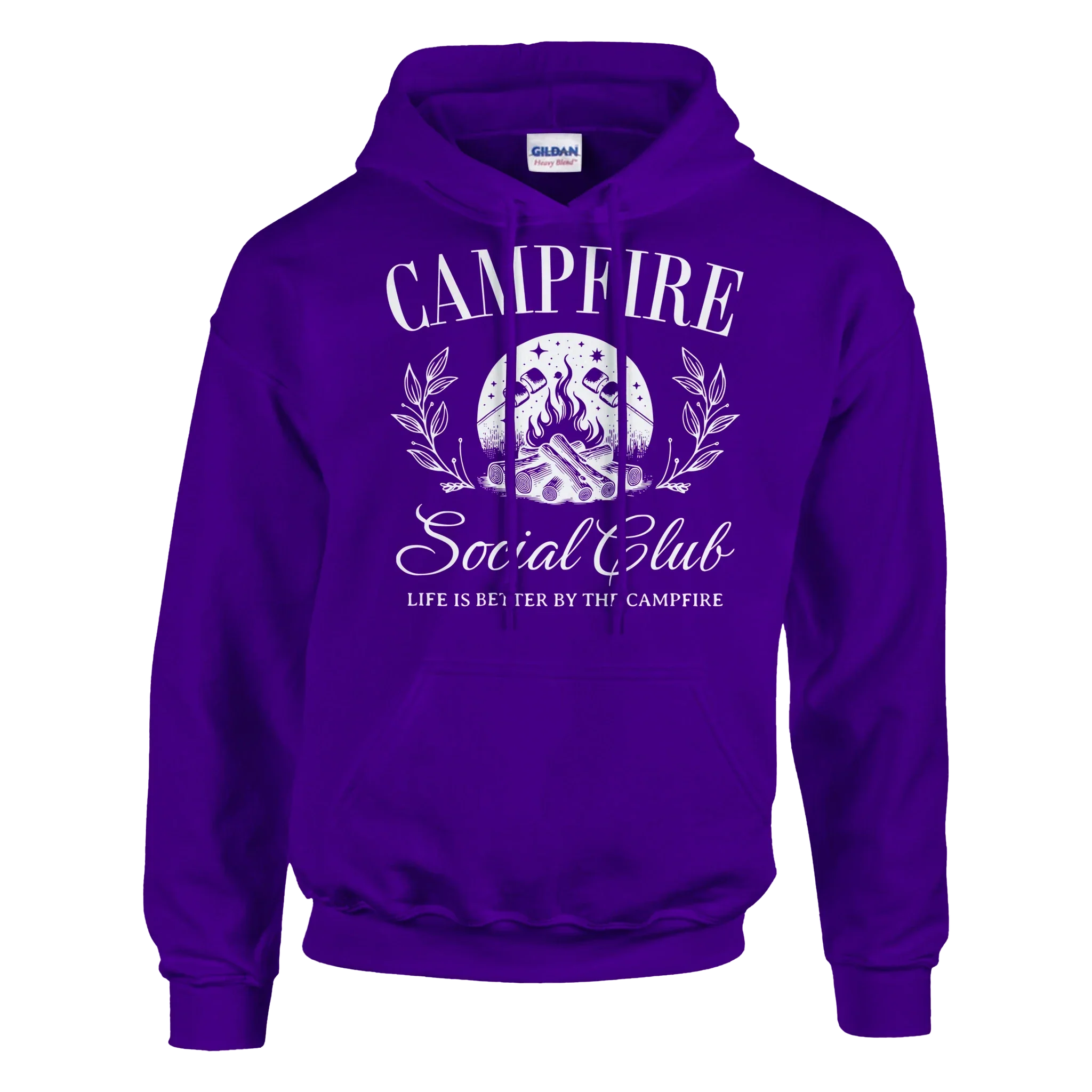 Purple Campfire Social Club hoodie with campfire graphic and front pouch pocket