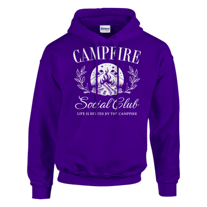 Purple Campfire Social Club cozy hoodie with campfire graphic and front pouch pocket