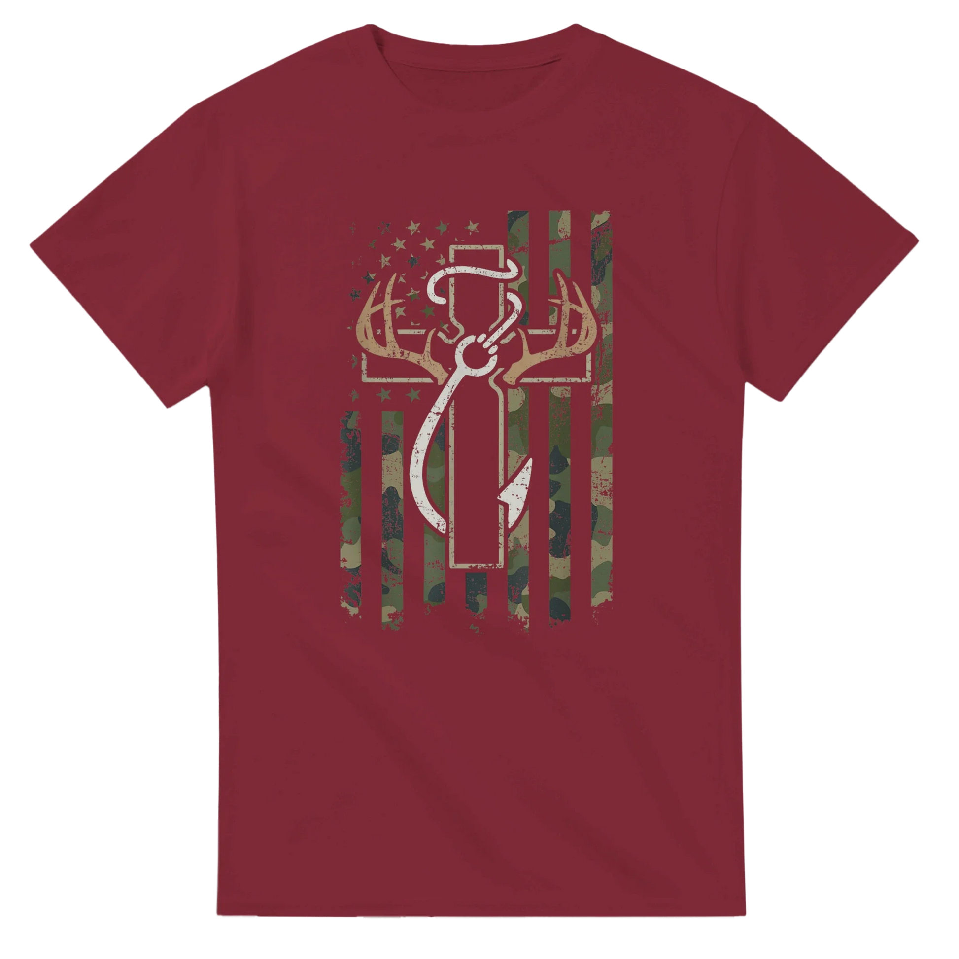 Maroon Patriotic Hunting Fishing Faith T-Shirt with camouflage American flag and deer antler design
