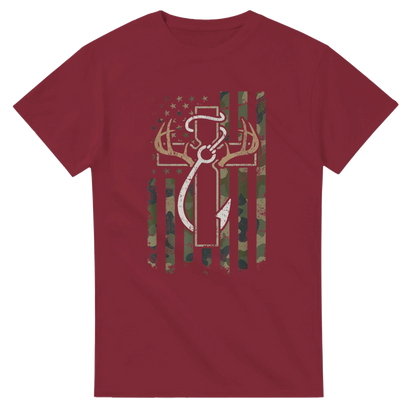 Maroon Patriotic Hunting Fishing Faith T-Shirt with camouflage American flag and deer antler design