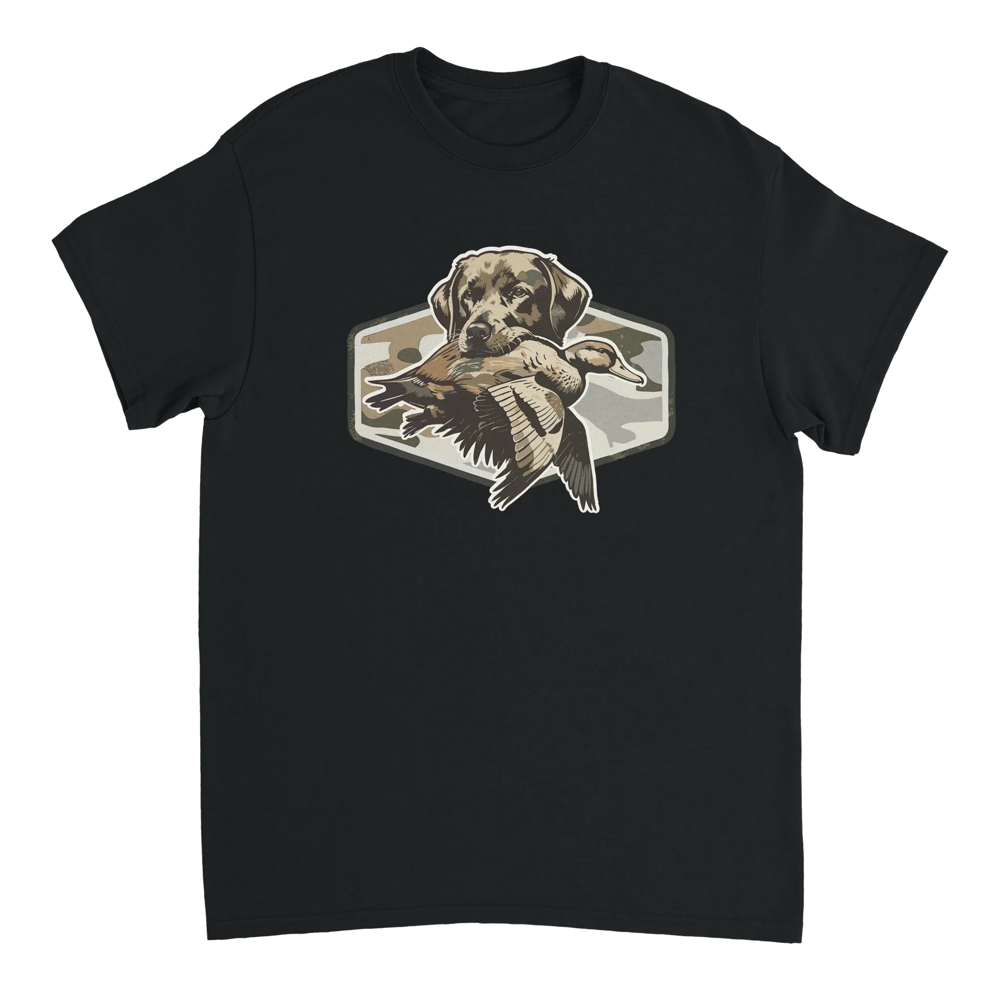 Black Duck Hunter's T-Shirt with graphic of hunting dog holding duck on camo background