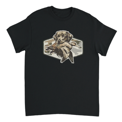 Black Duck Hunter's T-Shirt with graphic of hunting dog holding duck on camo background