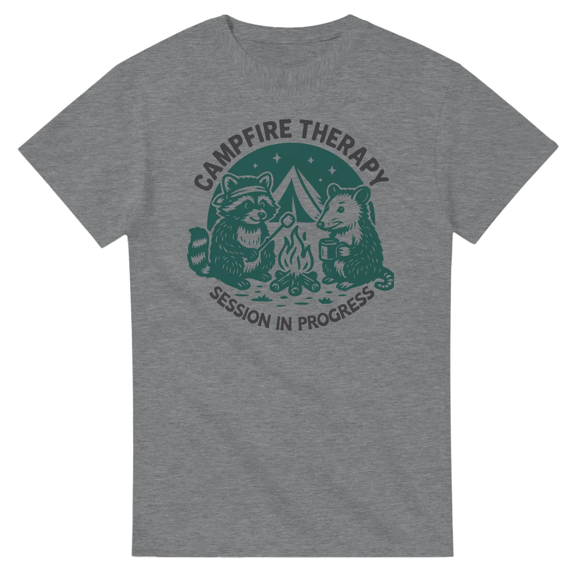 Grey Cute Campfire Therapy T-shirt with happy critter campers around campfire design