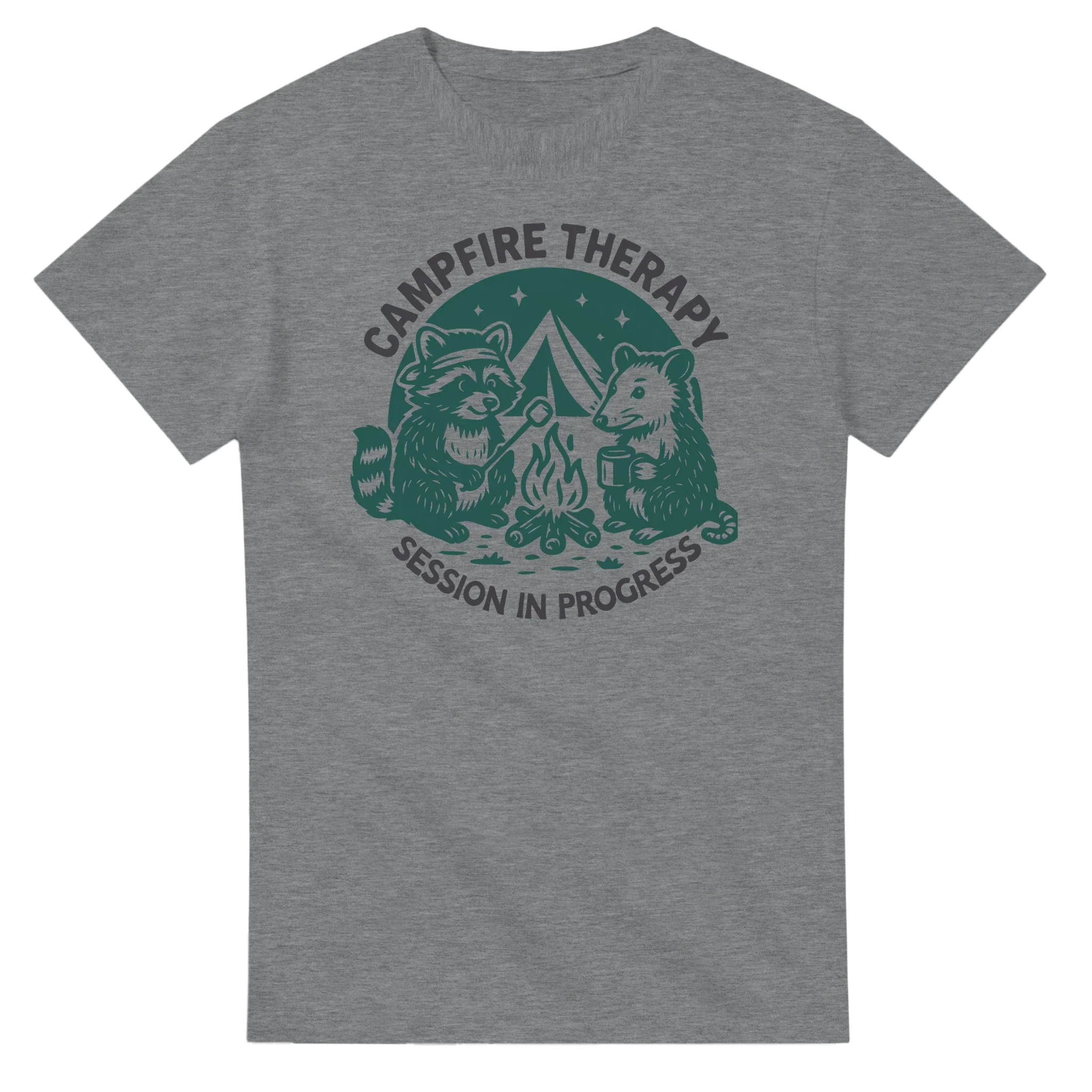 Grey Cute Campfire Therapy T-shirt with happy raccoon and bear campfire design