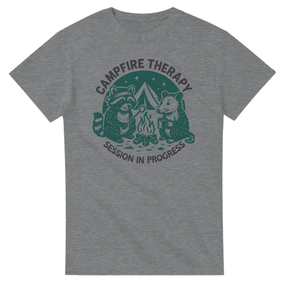 Grey Cute Campfire Therapy T-shirt with happy critter campers around campfire design