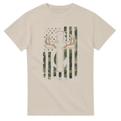 Patriotic Hunting Fishing Faith T-Shirt with camouflage American flag and deer antler design on beige cotton fabric