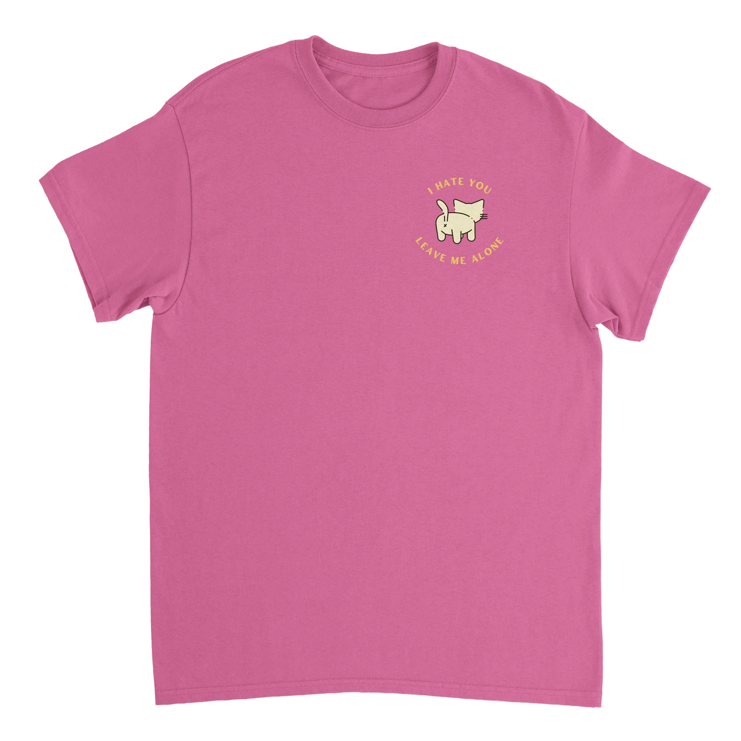 Pink Stay Away Cat T-Shirt with playful cat behind and sassy sayings front and back design