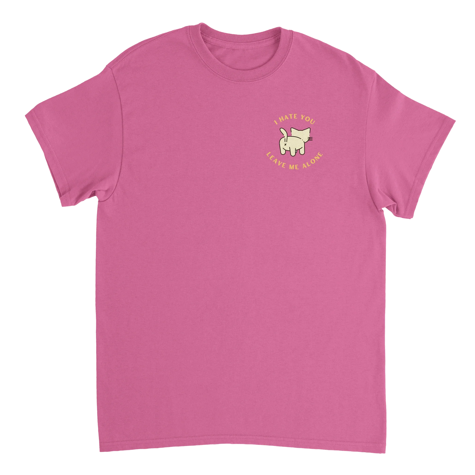 Pink Stay Away Cat T-Shirt with playful cat behind and sassy sayings front and back design
