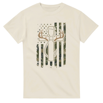 Patriotic Hunting Fishing Faith T-Shirt with American flag and deer antler graphic on heavyweight cotton fabric