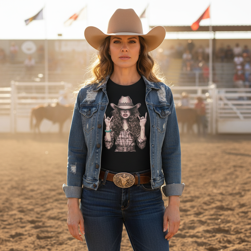 Woman wearing Rock On Vintage Cowgirl graphic tee with denim jacket and cowboy hat at rodeo arena
