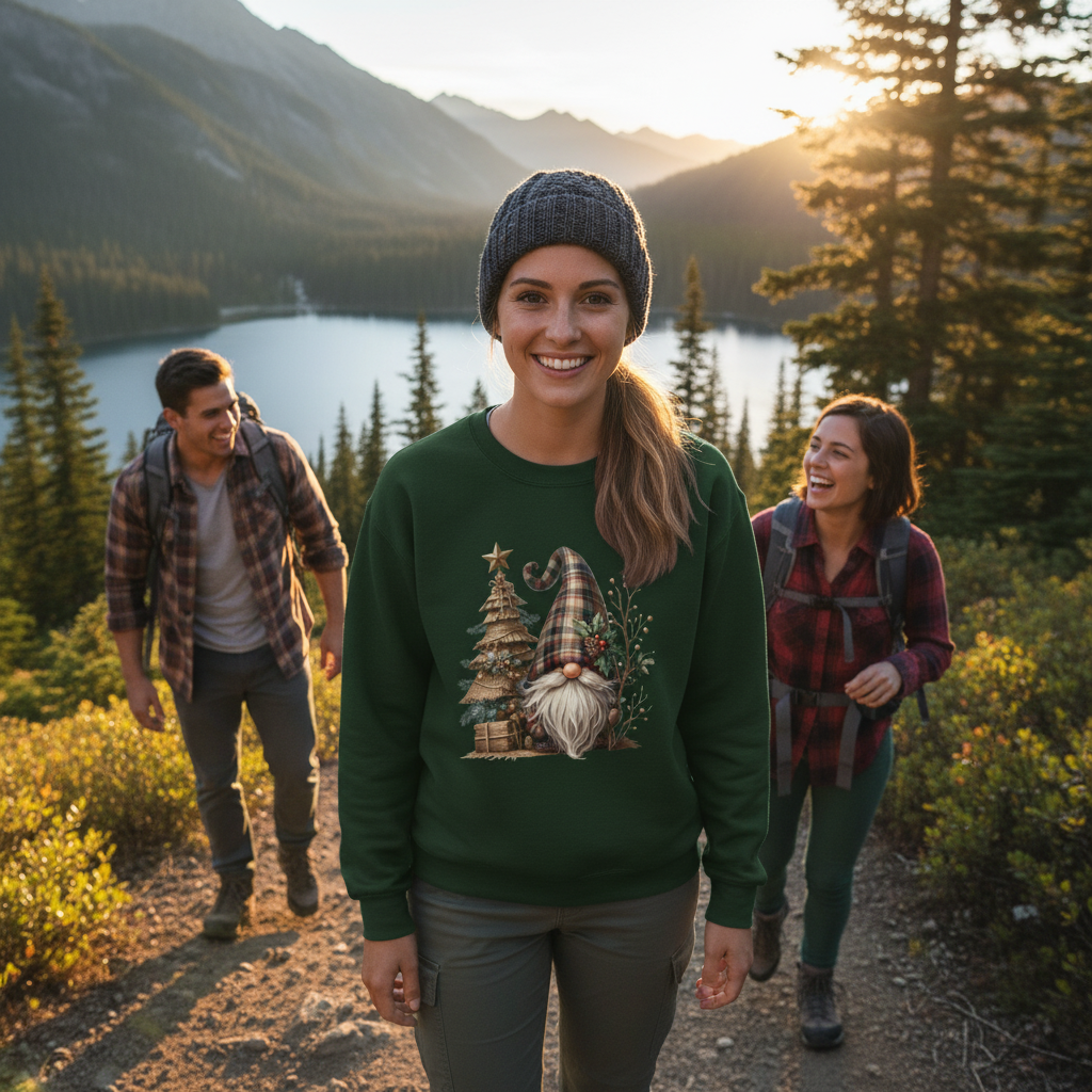 Woman wearing green rustic plaid Christmas gnome sweatshirt outdoors with friends at sunset