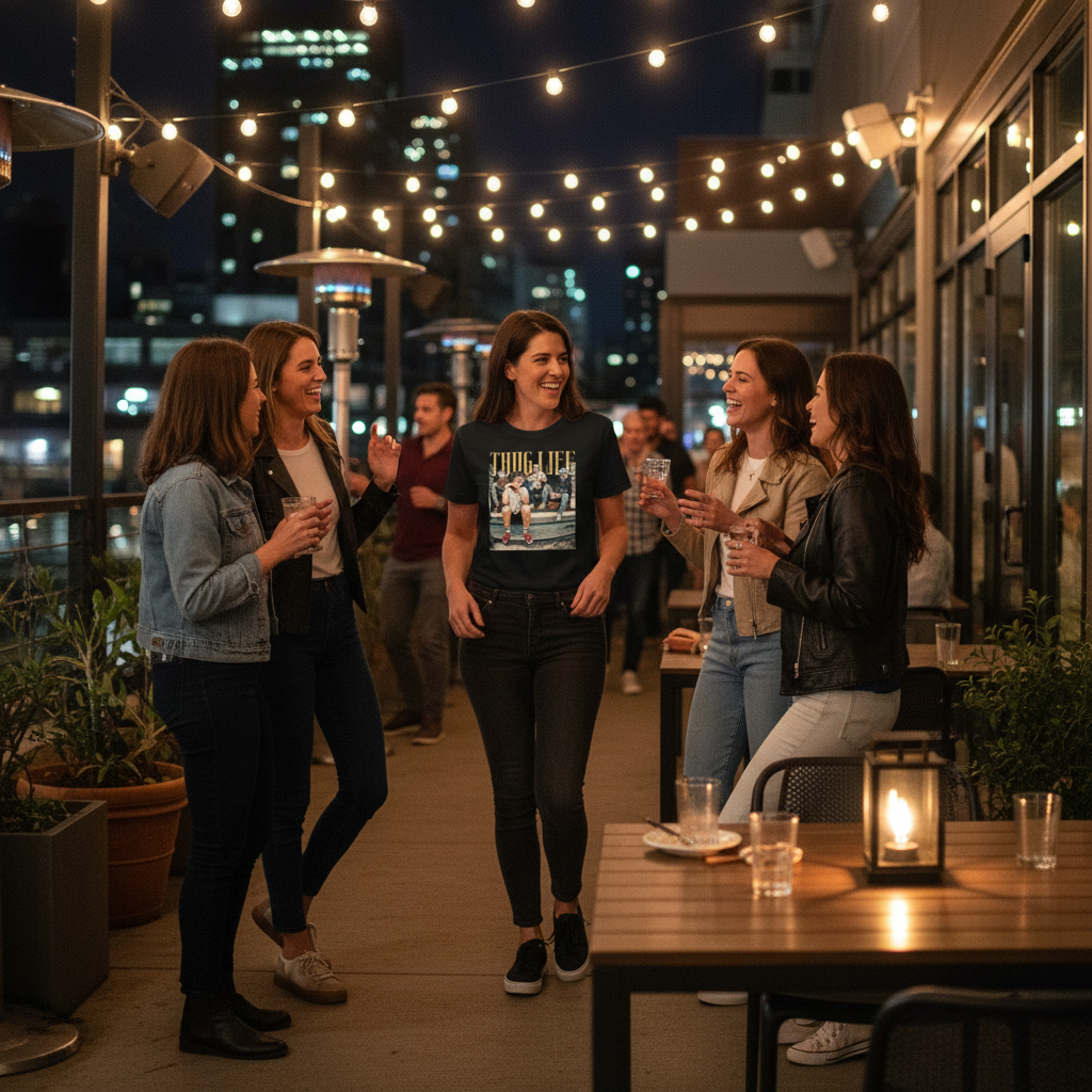 Group of women socializing at night with one wearing a Golden Girls Thug Life parody t-shirt on a rooftop patio with string lights