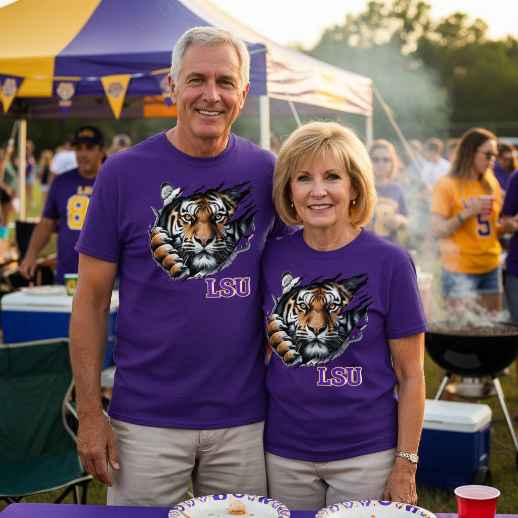 Couple wearing purple LSU Tiger T-shirt with vibrant tiger design and LSU logo at outdoor event