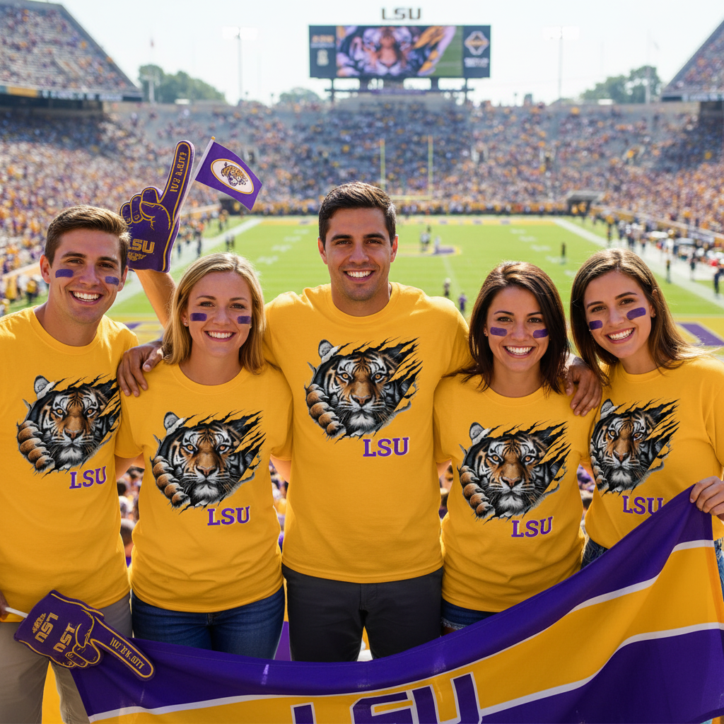 Group of fans wearing LSU Tiger T-shirts with vibrant tiger design at football stadium