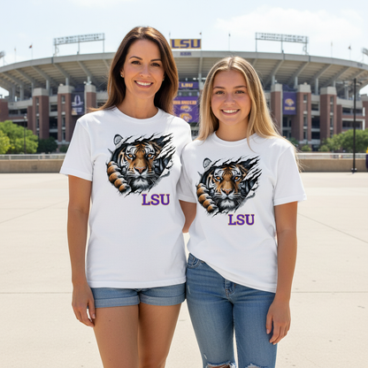 Two females wearing white LSU Tiger T-shirts with a unique tiger design in front of LSU stadium