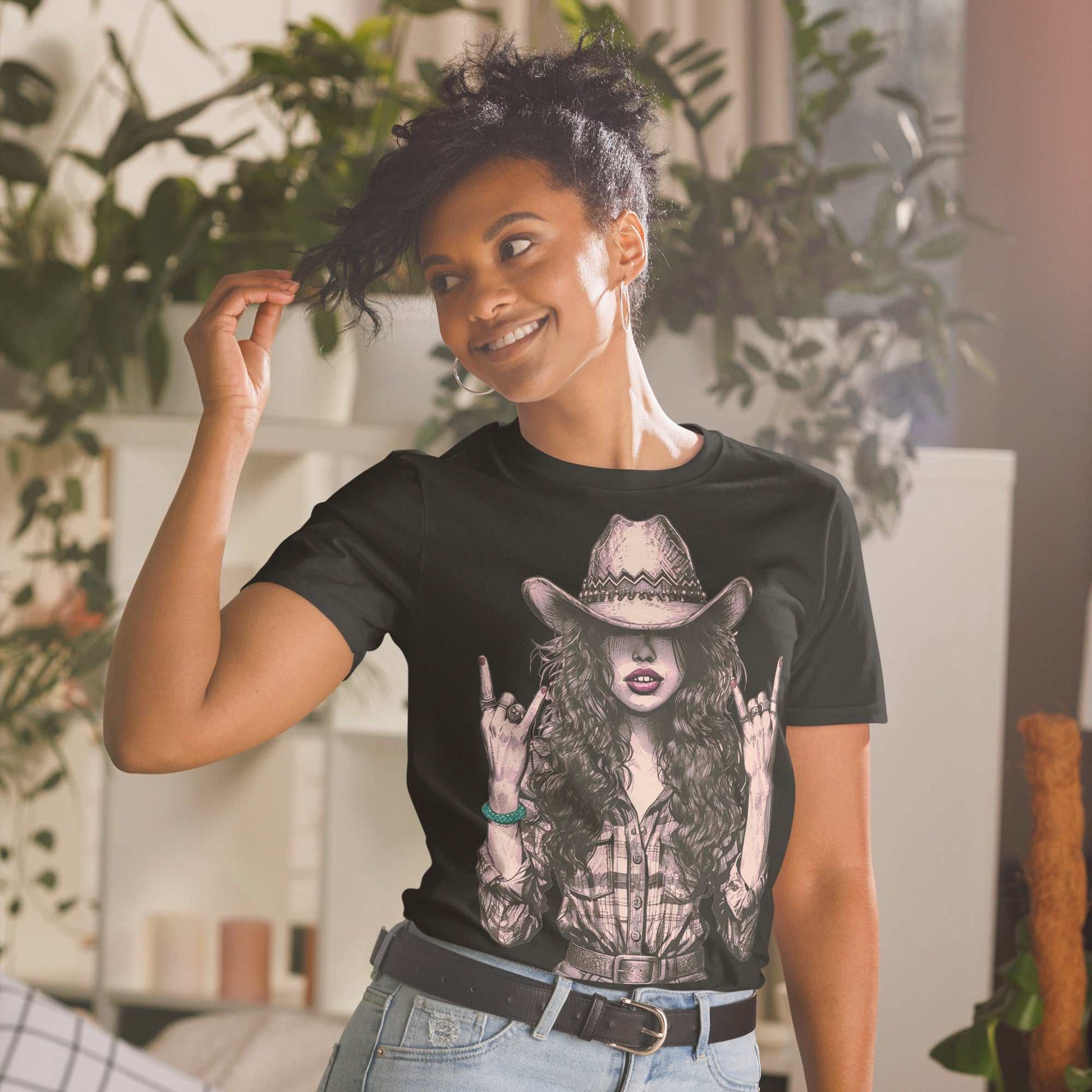 Woman wearing the Rock On Vintage Cowgirl T-Shirt in black